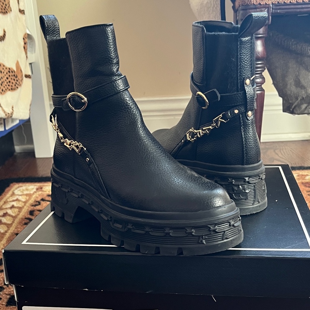 Karl Lagerfeld Black Ankle Boots with Gold Chain Accent